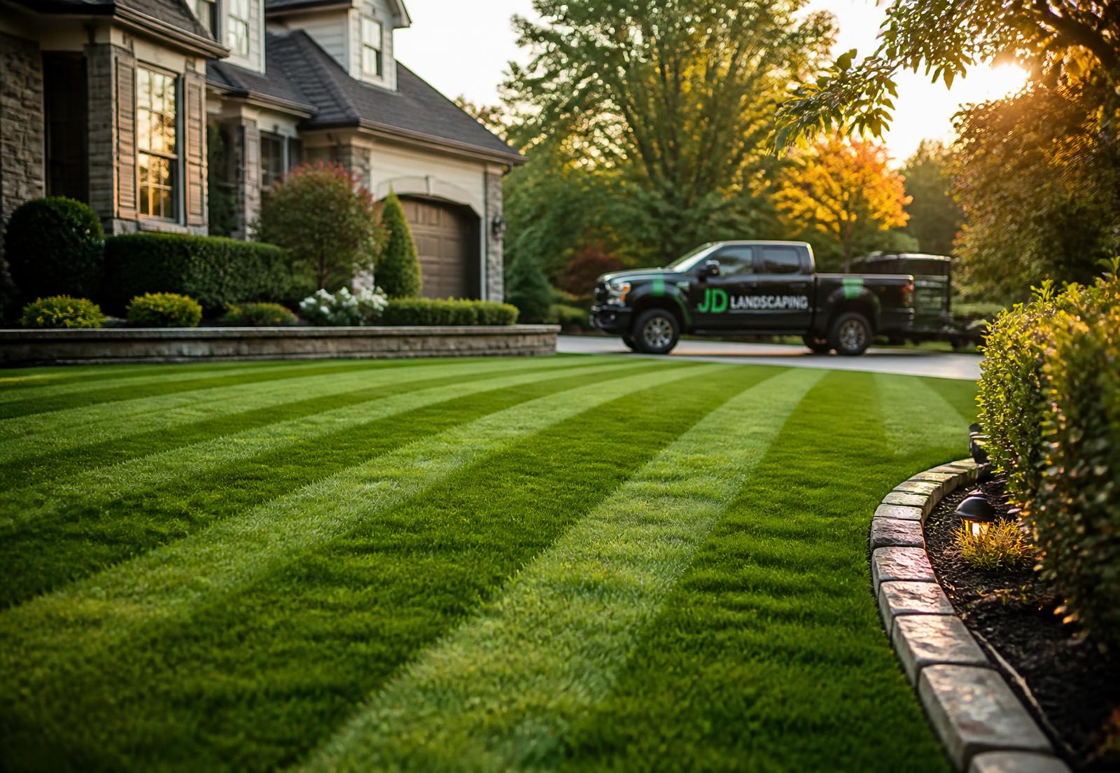 Freshly striped lawn and manicured landscaping in front of a premium home